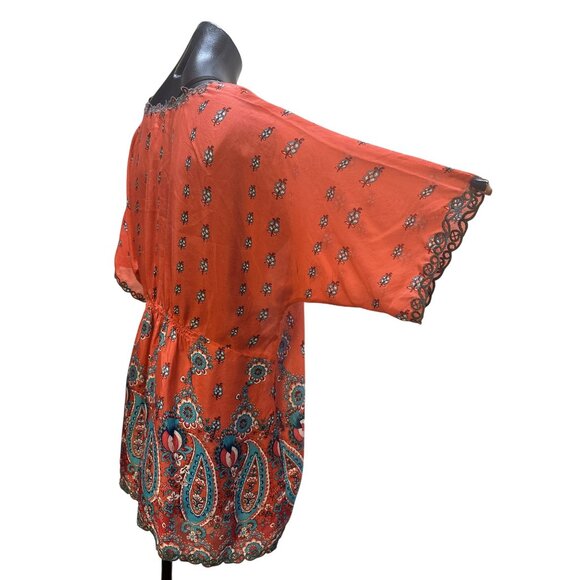 Johnny Was Silk Coral Sheer Floral Tunic Top w/Lace Trim Size L - Picture 8 of 10